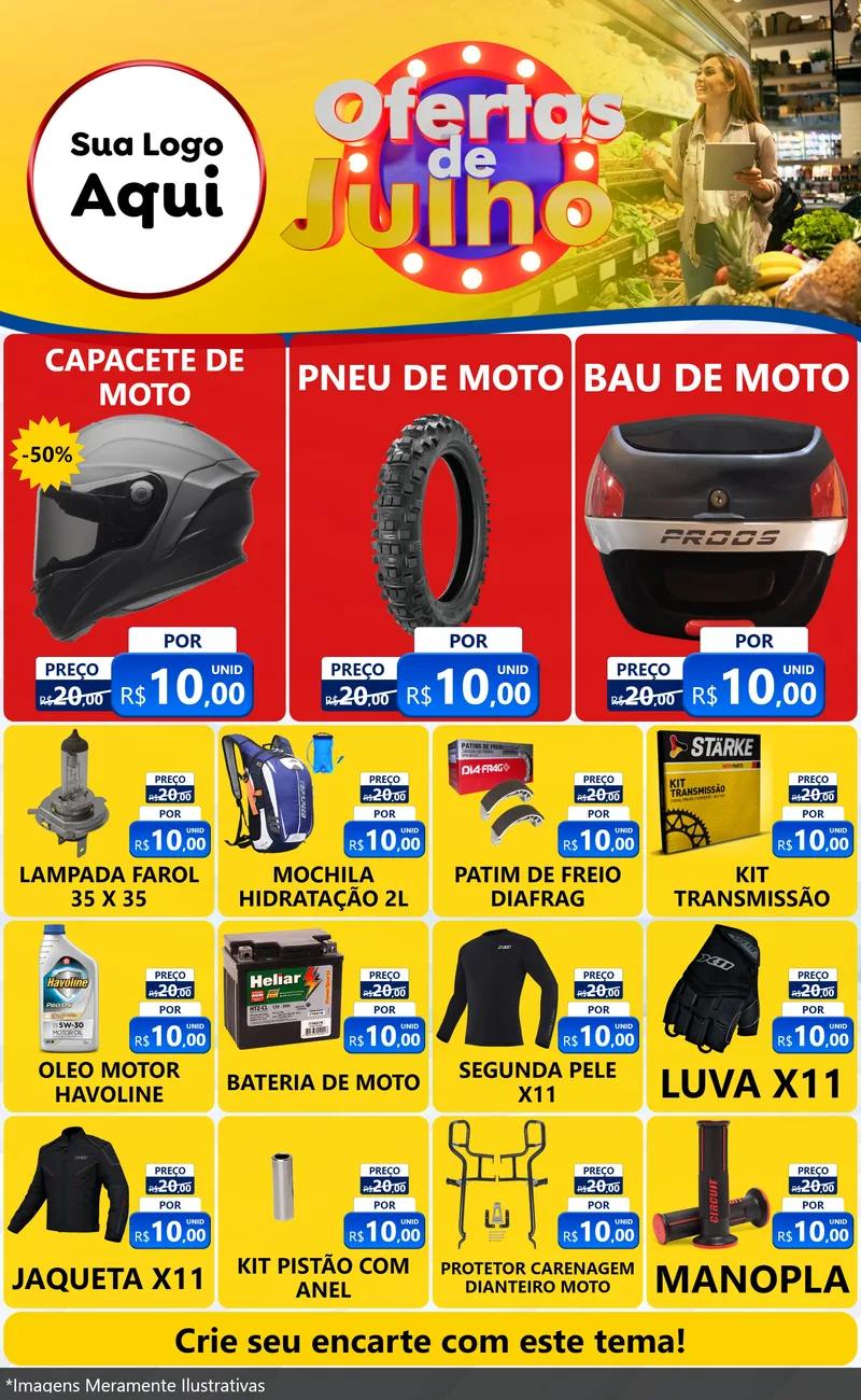 Modelo de Encarte para Encarte Grande com o tema Ofertas de Julho para Moto peças