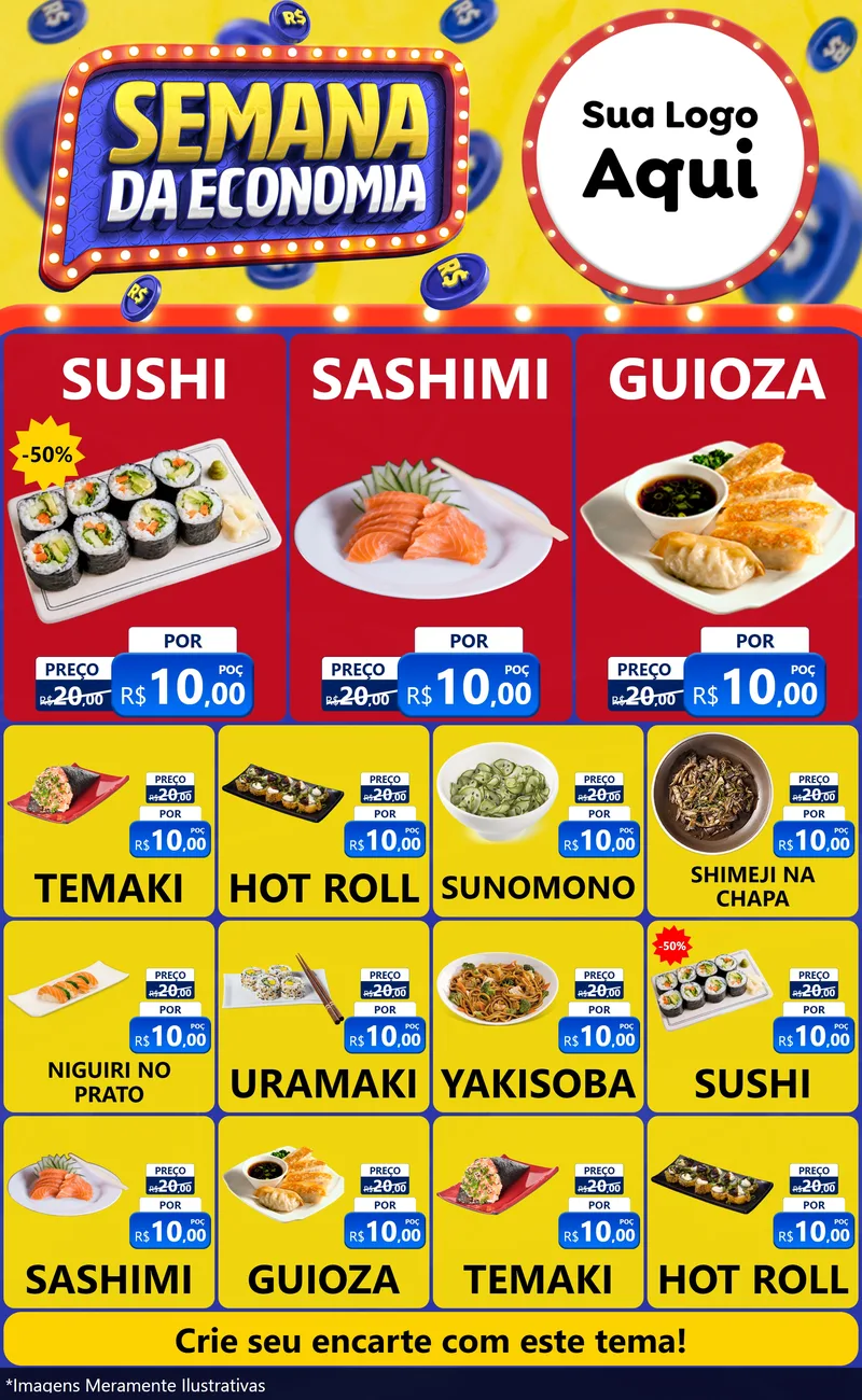 Modelo de Encarte para Encarte Grande com o tema Semana da Economia para Comida japonesa