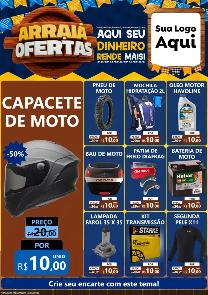 Modelo de Encarte para Encarte A4 Vertical com o tema Arraiá de Ofertas - Junina para Moto peças