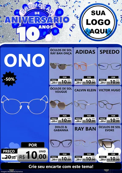 Modelo de Encarte para Encarte A4 Vertical com o tema Promoção de Aniversário - 10 Anos para Óticas