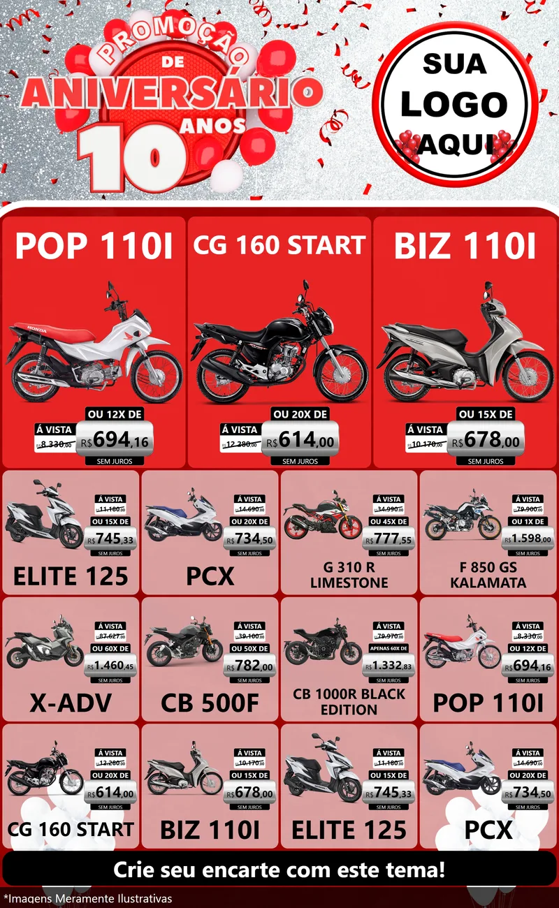 Modelo de Encarte para Encarte Grande com o tema Promoção de Aniversário - 10 Anos para Concessionaria de Motos