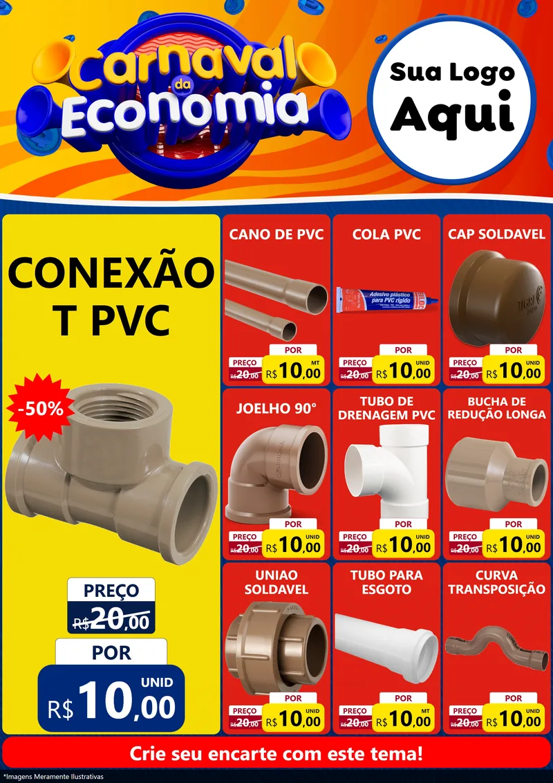 Modelo de Encarte para Encarte A4 Vertical com o tema Carnaval da Economia para Tubos e conexões