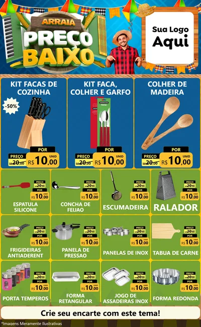 Modelo de Encarte para Encarte Grande com o tema Arraiá de Preço Baixo - Junina para Utilidades Domésticas