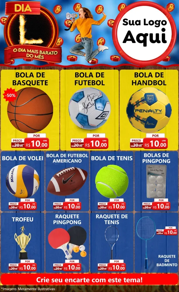 Modelo de Encarte para Encarte Grande com o tema Dia L - O Dia Mais Barato Do Mês para Artigos Esportivos