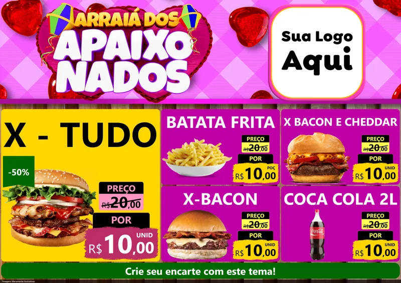 Modelo de Encarte para Encarte A4 Horizontal com o tema Arraiá dos Apaixonados para Hamburgueria
