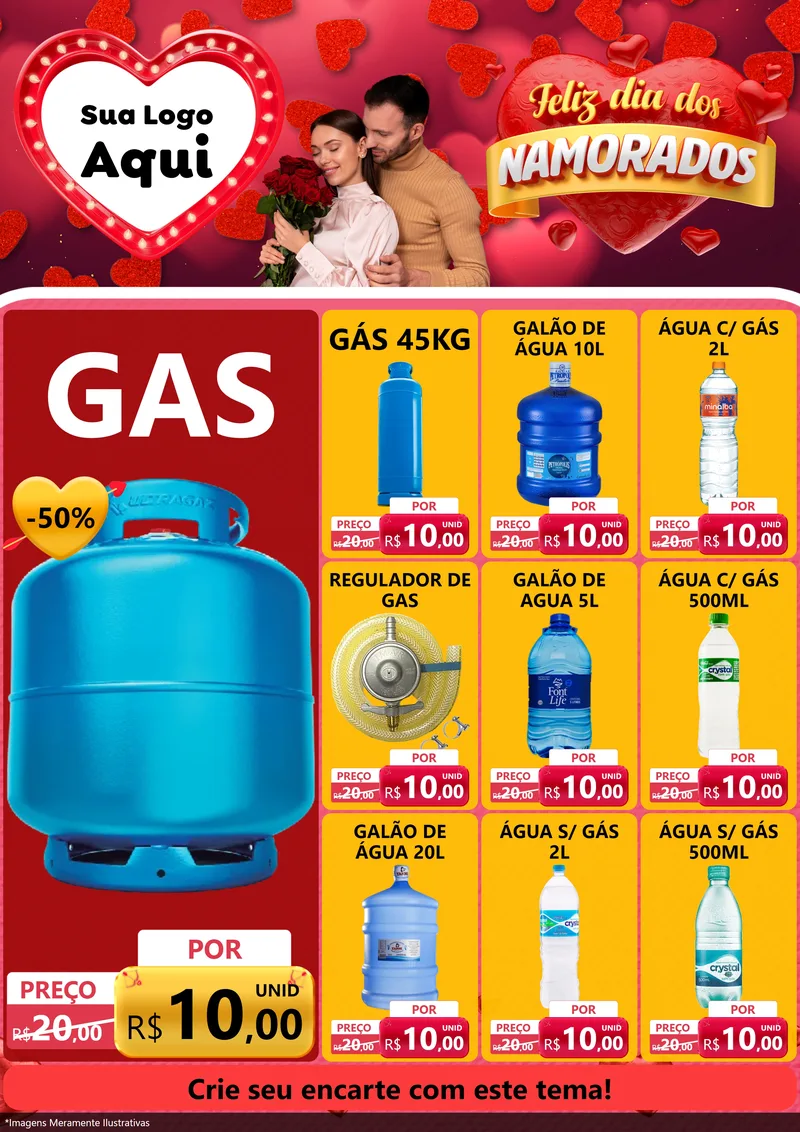 Modelo de Encarte para Encarte A4 Vertical com o tema Feliz Dia Dos Namorados para Água e gás