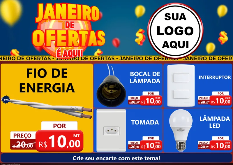 Modelo de Encarte para Encarte A4 Horizontal com o tema Janeiro de Ofertas É Aqui! para Materiais Elétricos