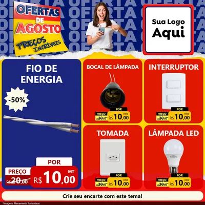 Modelo de Rede Social para Feed Facebook com o tema Ofertas de Agosto - Preços Incríveis para Materiais Elétricos