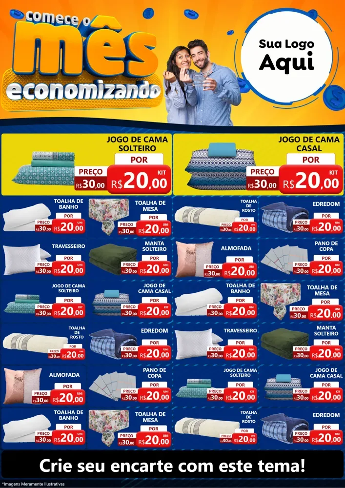 Modelo de Encarte para Encarte A4 Vertical com o tema Comece O Mês Economizando para Cama, Mesa e Banho