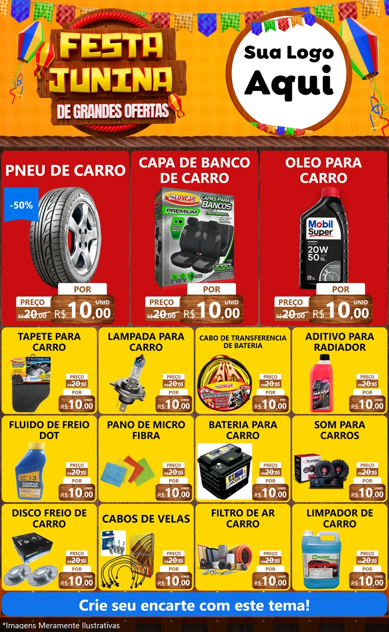 Modelo de Encarte para Encarte Grande com o tema Festa Junina de Grandes Ofertas para Auto peças