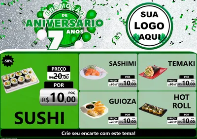 Modelo de Encarte para Encarte A4 Horizontal com o tema Promoção de Aniversário - 7 Anos para Comida japonesa