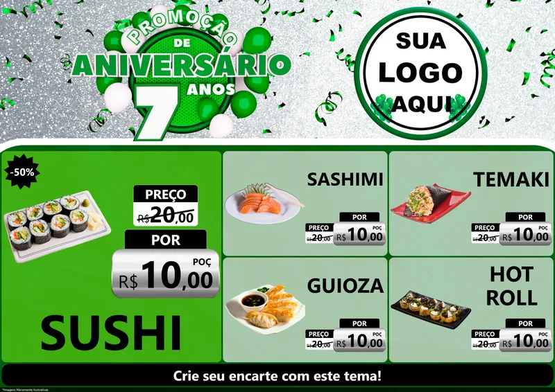 Modelo de Encarte para Encarte A4 Horizontal com o tema Promoção de Aniversário - 7 Anos para Comida japonesa