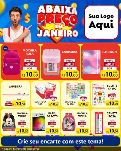 Modelo de Rede Social para Feed Instagram com o tema Abaixa Preço em Janeiro para Papelaria