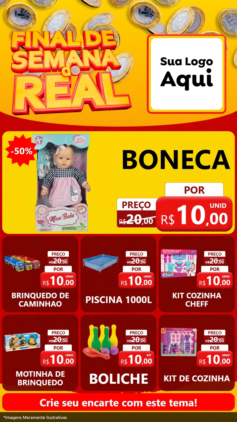 Modelo de Rede Social para Stories com o tema Final de Semana do Real para Brinquedos