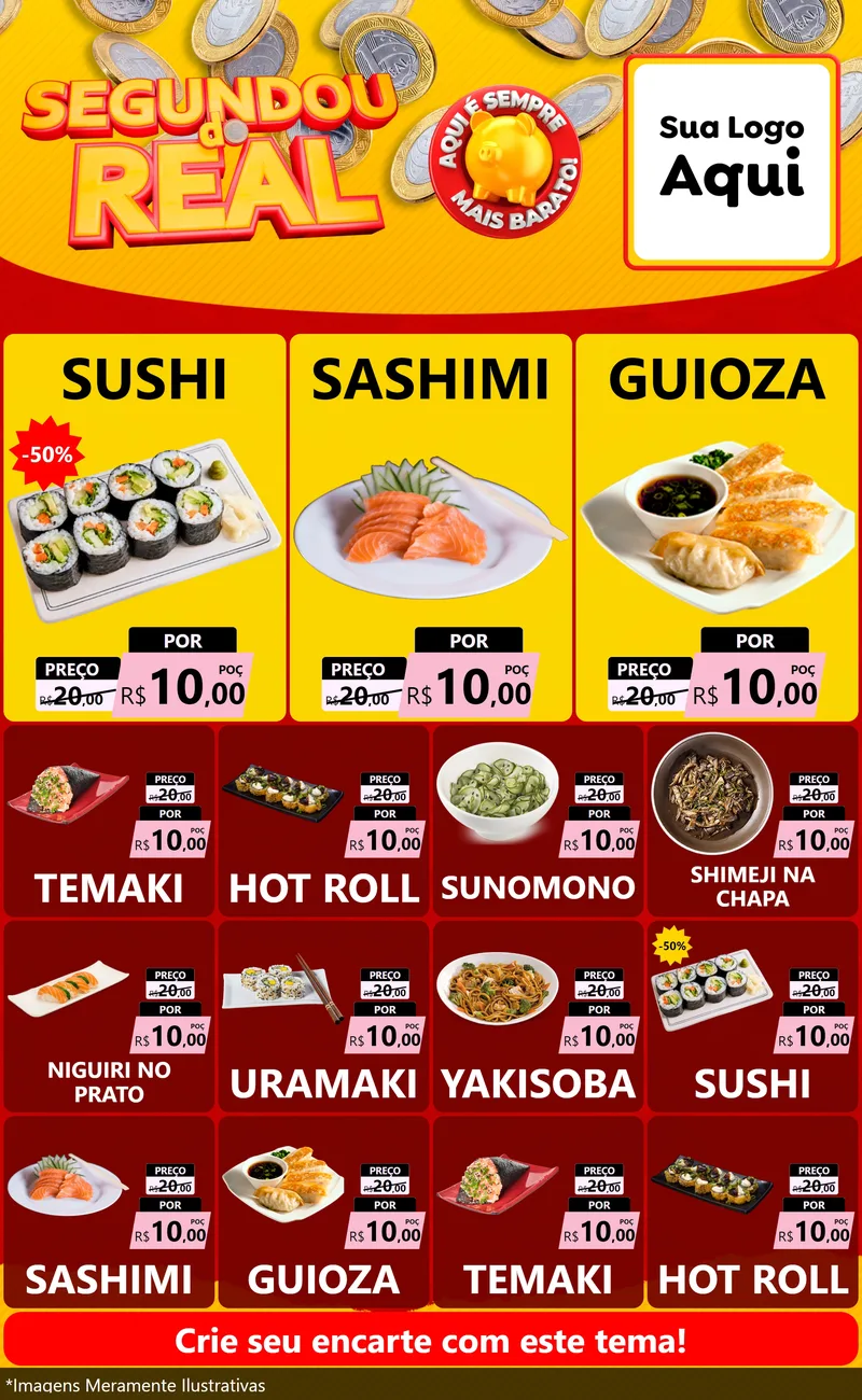 Modelo de Encarte para Encarte Grande com o tema Segundou do Real para Comida japonesa