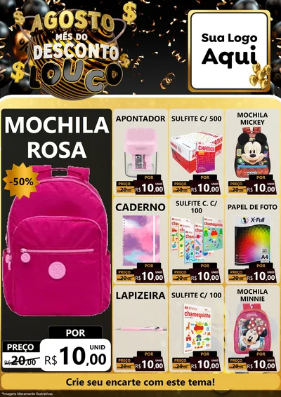 Modelo de Encarte para Encarte A4 Vertical com o tema Agosto Mês do Desconto Louco para Papelaria