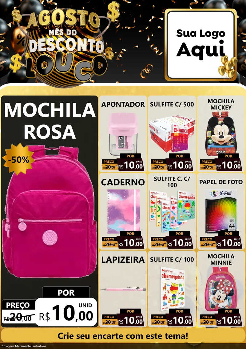 Modelo de Encarte para Encarte A4 Vertical com o tema Agosto Mês do Desconto Louco para Papelaria