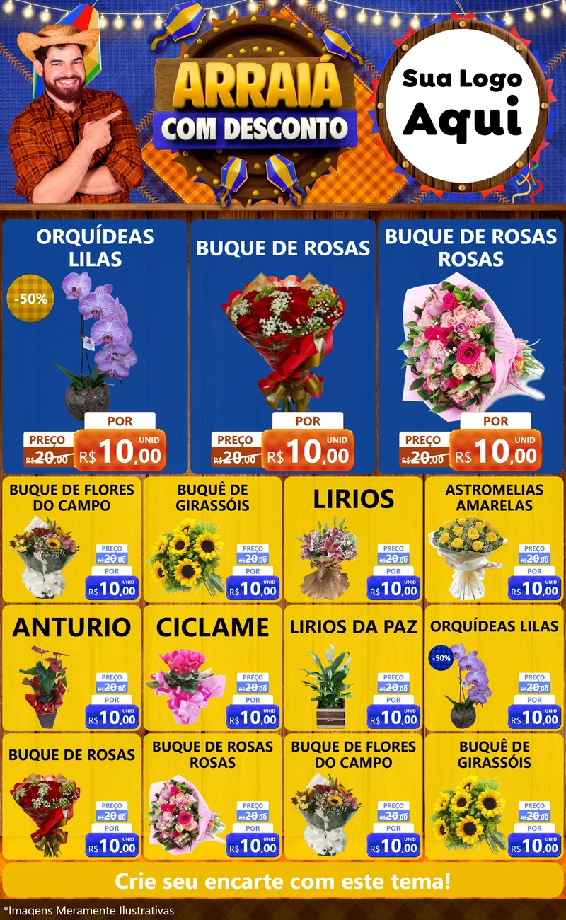 Modelo de Encarte para Encarte Grande com o tema Arraiá Com Desconto para Floricultura e jardim