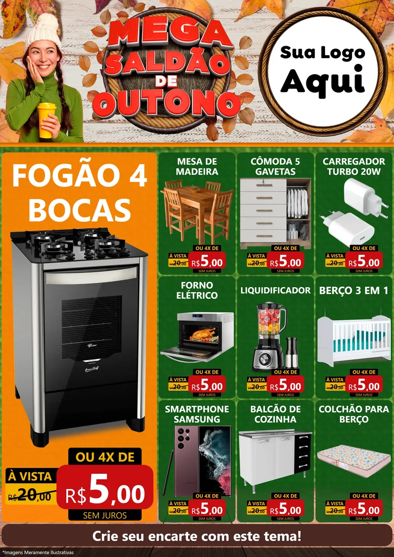 Modelo de Encarte para Encarte A4 Vertical com o tema Mega Saldão de Outono para Móveis e Eletro