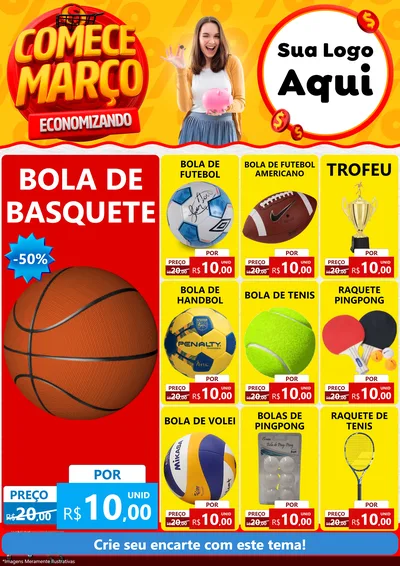 Modelo de Encarte para Encarte A4 Vertical com o tema Comece Março Economizando para Artigos Esportivos