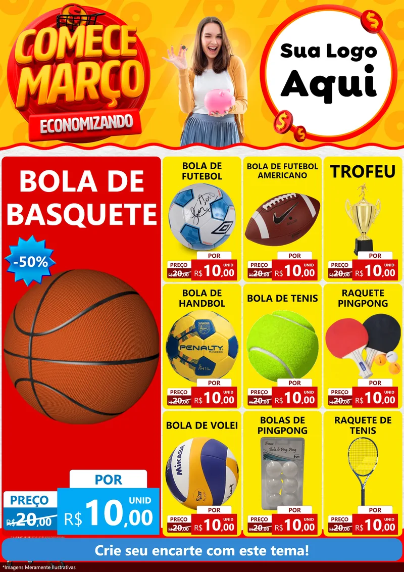 Modelo de Encarte para Encarte A4 Vertical com o tema Comece Março Economizando para Artigos Esportivos