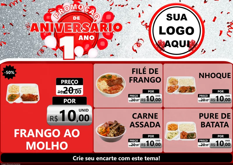 Modelo de Encarte para Encarte A4 Horizontal com o tema Promoção de Aniversário - 1 Ano para Restaurante