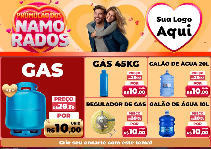 Modelo de Encarte para Encarte A4 Horizontal com o tema Promoção dos Namorados para Água e gás