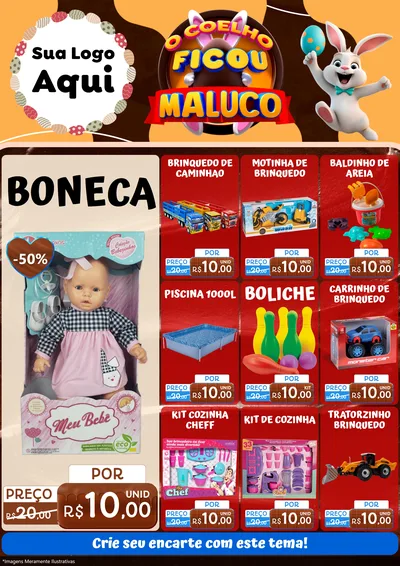 Modelo de Encarte para Encarte A4 Vertical com o tema O Coelho Ficou Maluco - Páscoa para Brinquedos