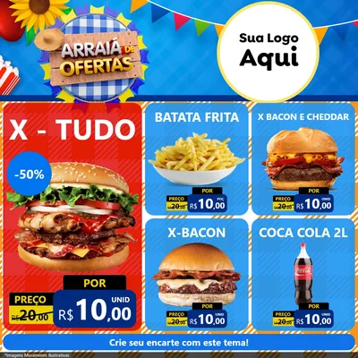 Modelo de Rede Social para Feed Facebook com o tema Arraiá de Ofertas para Hamburgueria