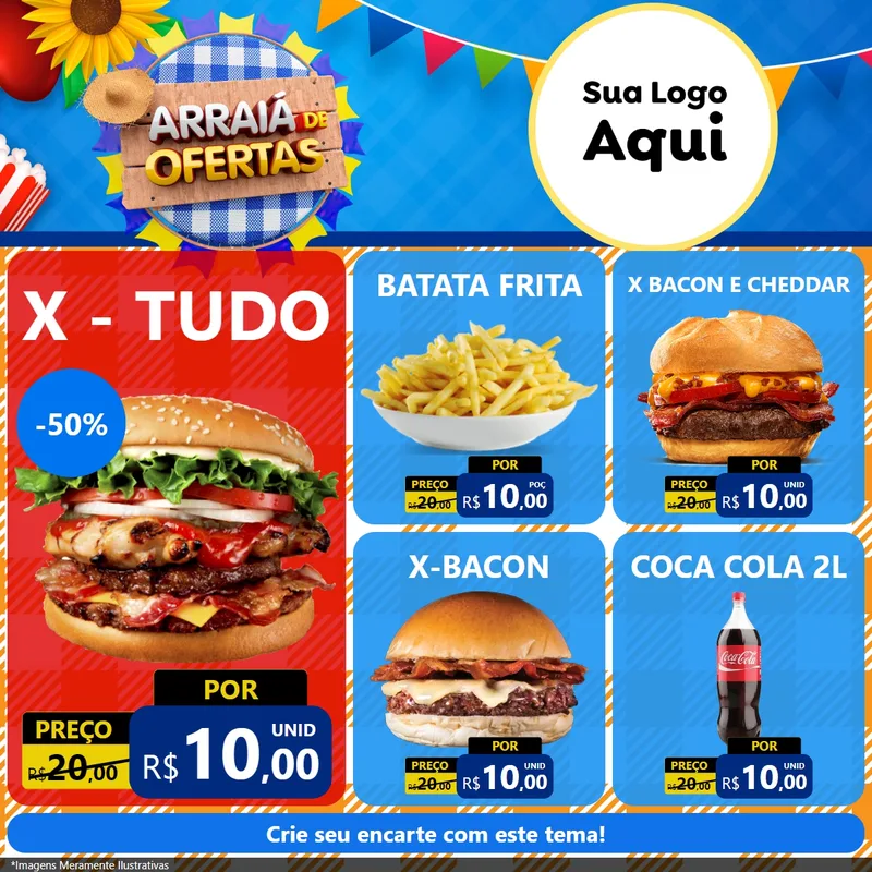 Modelo de Rede Social para Feed Facebook com o tema Arraiá de Ofertas para Hamburgueria