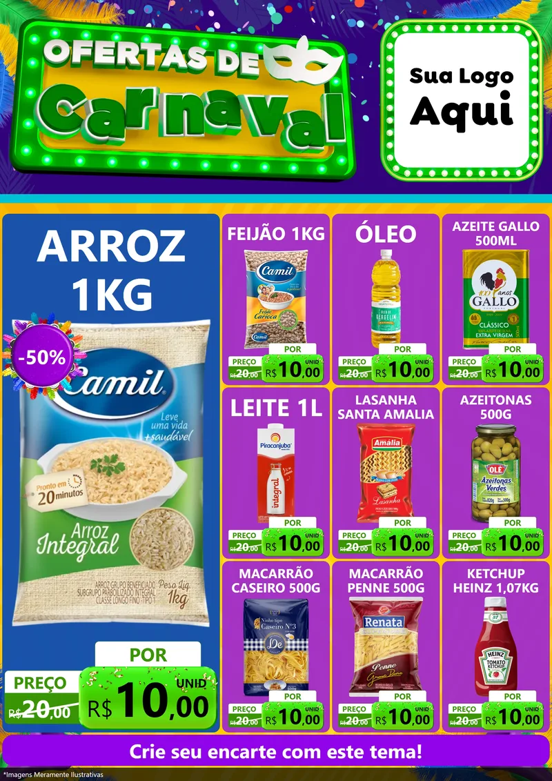 Modelo de Encarte para Encarte A4 Vertical com o tema Ofertas de Carnaval para Supermercado