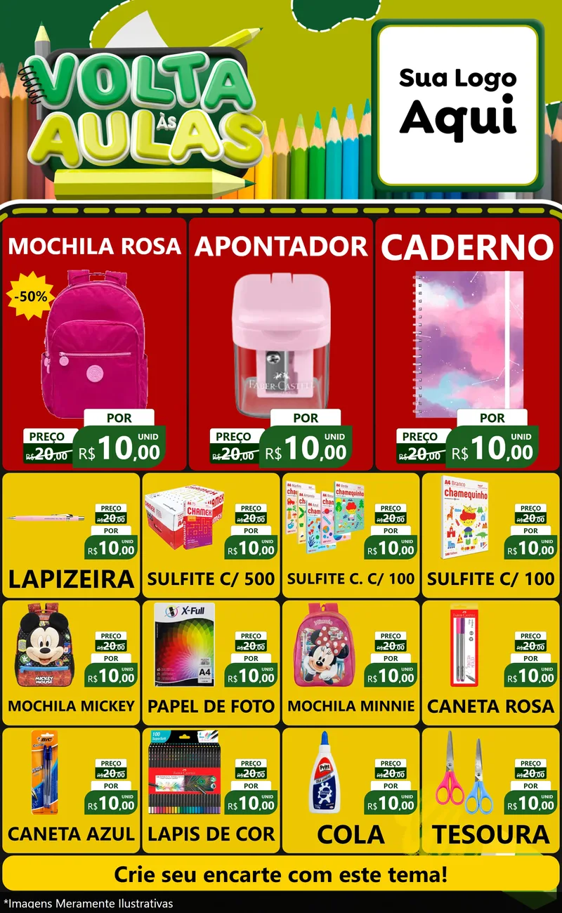 Modelo de Encarte para Encarte Grande com o tema Volta às Aulas para Papelaria