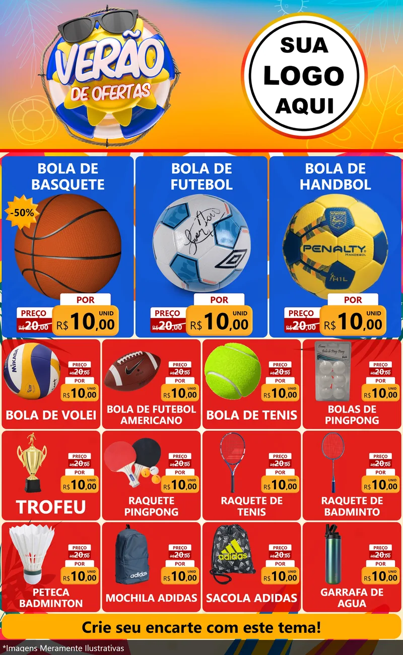 Modelo de Encarte para Encarte Grande com o tema Verão de Ofertas para Artigos Esportivos