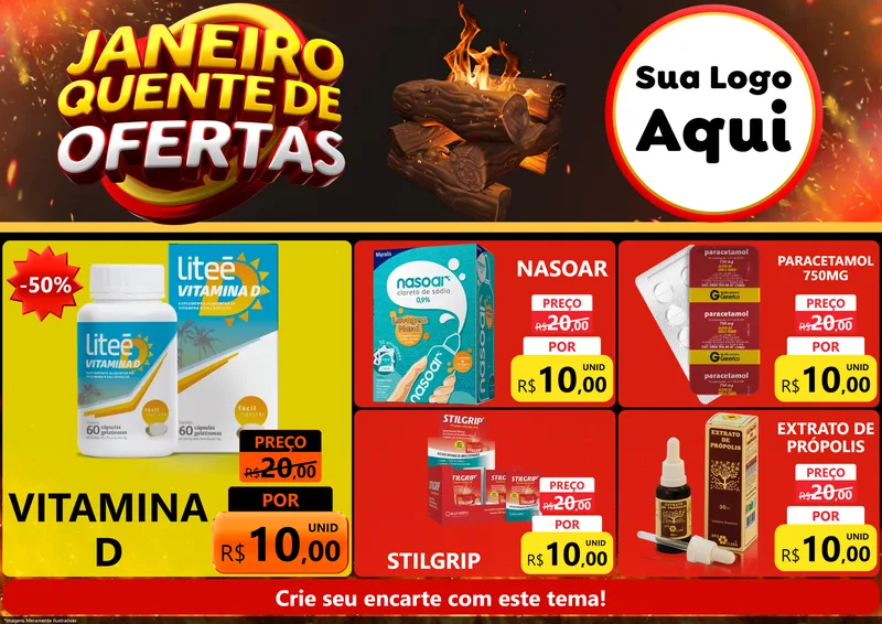 Modelo de Encarte para Encarte A4 Horizontal com o tema Janeiro Quente de Ofertas para Farmácia
