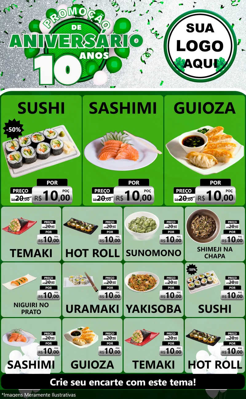 Modelo de Encarte para Encarte Grande com o tema Promoção de Aniversário - 10 Anos para Comida japonesa