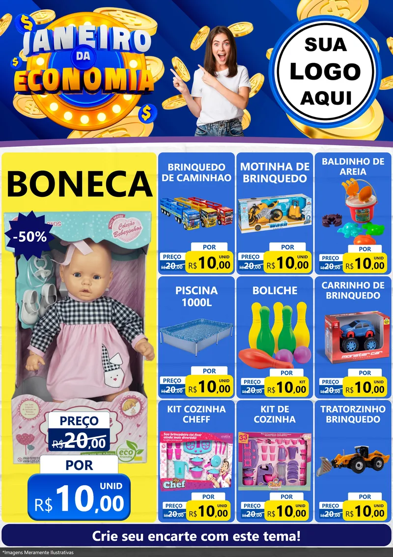 Modelo de Encarte para Encarte A4 Vertical com o tema Janeiro da Economia para Brinquedos
