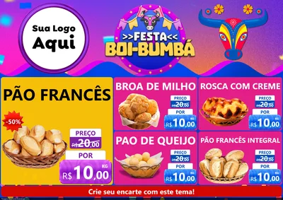 Modelo de Encarte para Encarte A4 Horizontal com o tema Festa Boi-Bumbá para Padaria