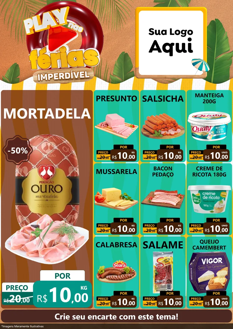 Modelo de Encarte para Encarte A4 Vertical com o tema Play Nas Férias Imperdível para Frios e Laticínios