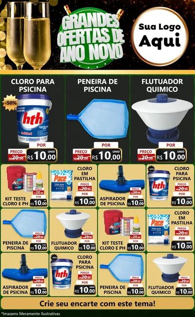 Modelo de Encarte para Encarte Grande com o tema Grandes Ofertas de Ano Novo para Produtos para Piscina