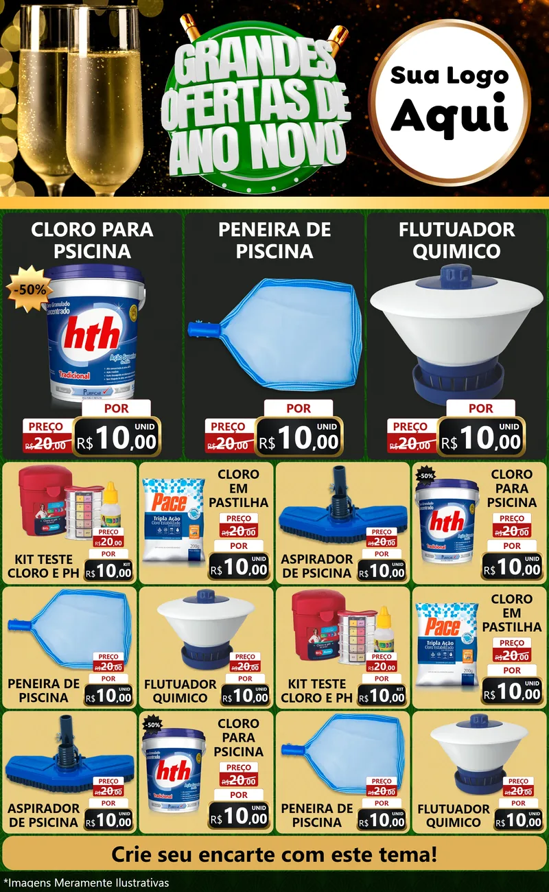 Modelo de Encarte para Encarte Grande com o tema Grandes Ofertas de Ano Novo para Produtos para Piscina