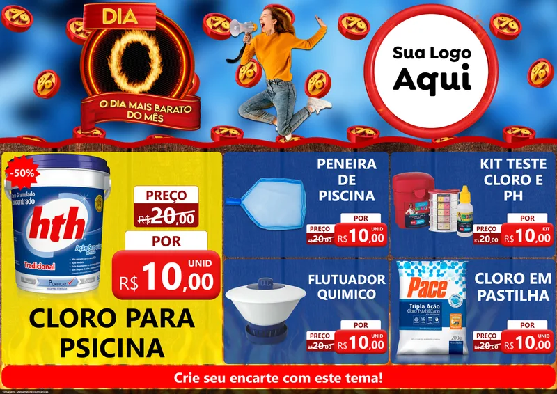 Modelo de Encarte para Encarte A4 Horizontal com o tema Dia O - O Dia Mais Barato Do Mês para Produtos para Piscina