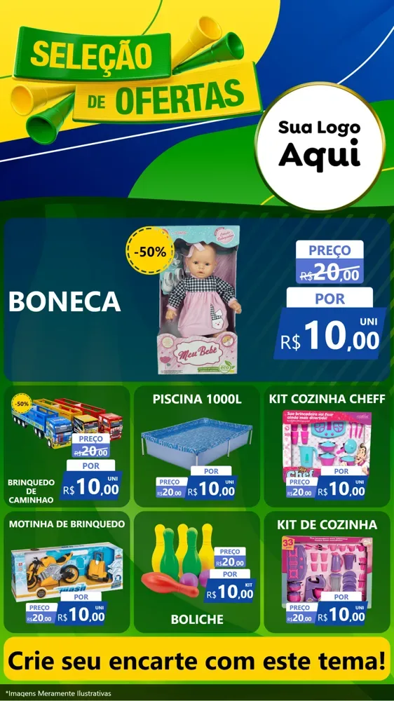 Modelo de Rede Social para Stories com o tema Seleção de Ofertas - Copa para Brinquedos