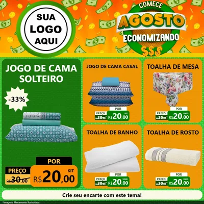 Modelo de Rede Social para Feed Facebook com o tema Comece Agosto Economizando para Cama, Mesa e Banho