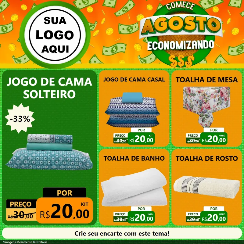Modelo de Rede Social para Feed Facebook com o tema Comece Agosto Economizando para Cama, Mesa e Banho