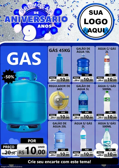 Modelo de Encarte para Encarte A4 Vertical com o tema Promoção de Aniversário - 9 Anos para Água e gás