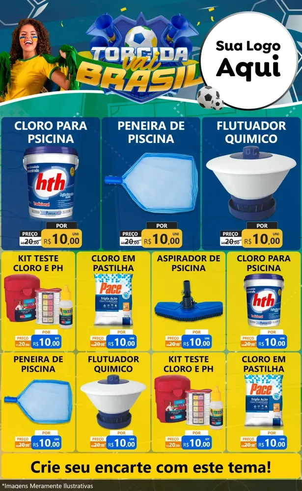 Modelo de Encarte para Encarte Grande com o tema Torcida Vai Brasil - Copa para Produtos para Piscina