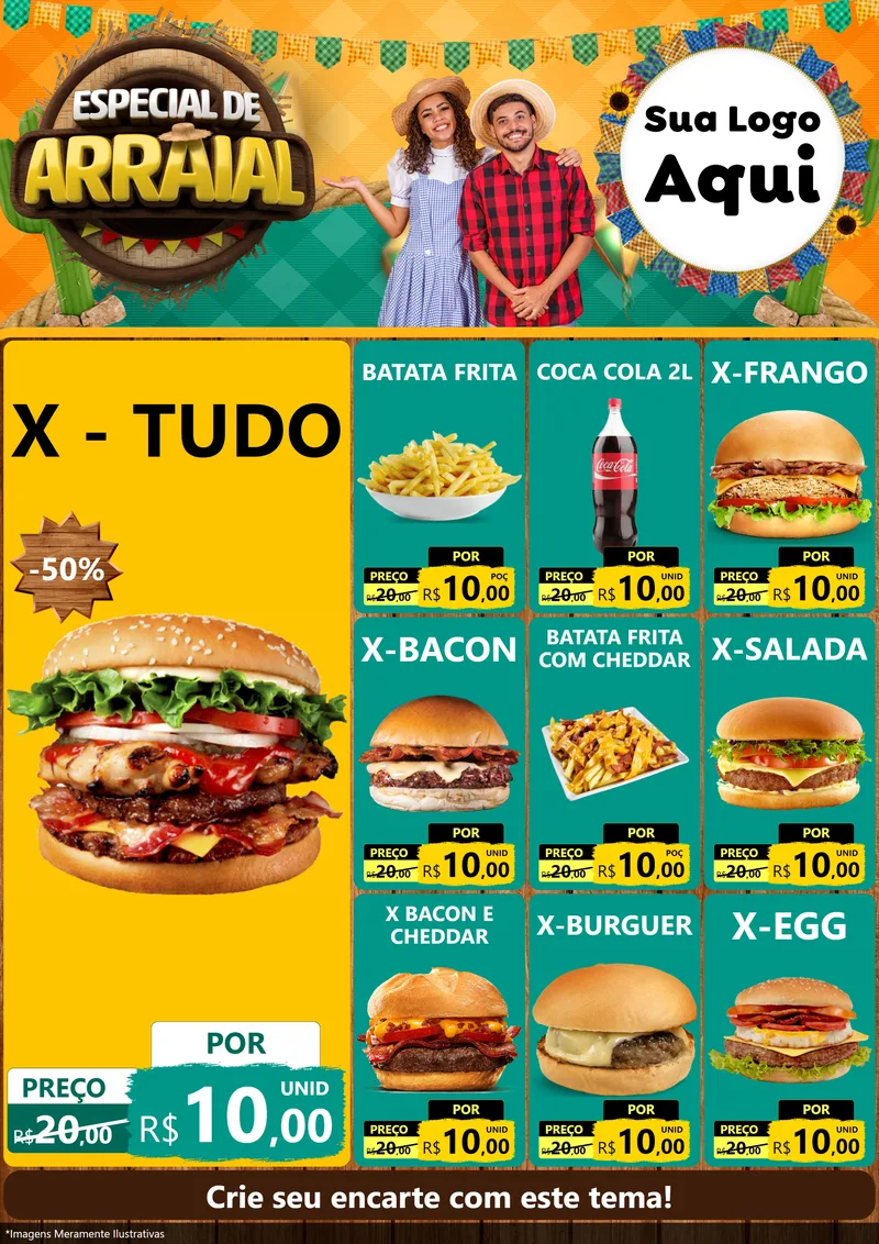 Modelo de Encarte para Encarte A4 Vertical com o tema Especial De Arraial para Hamburgueria