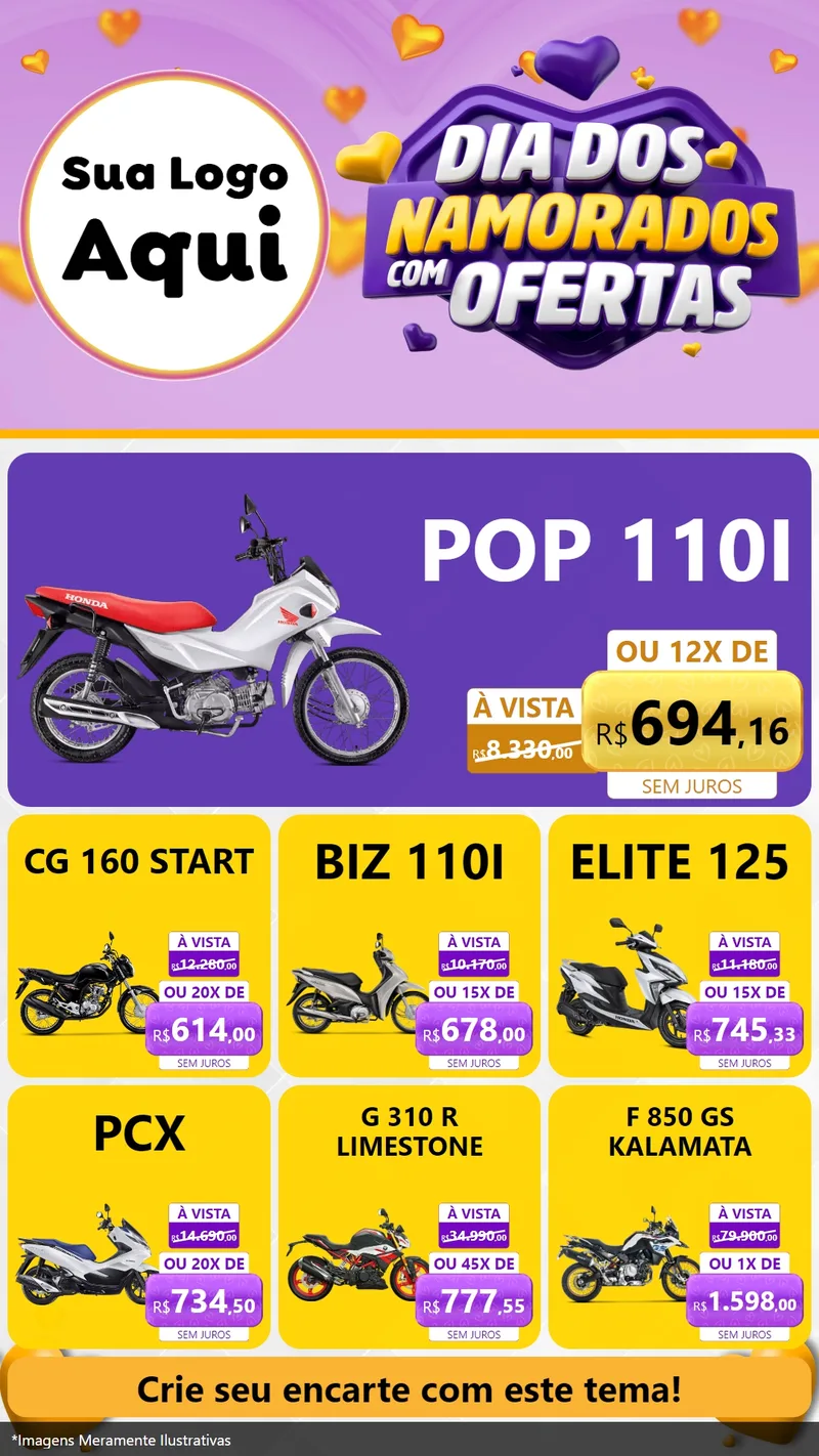 Modelo de Rede Social para Stories com o tema Dia Dos Namorados Com Ofertas para Concessionaria de Motos