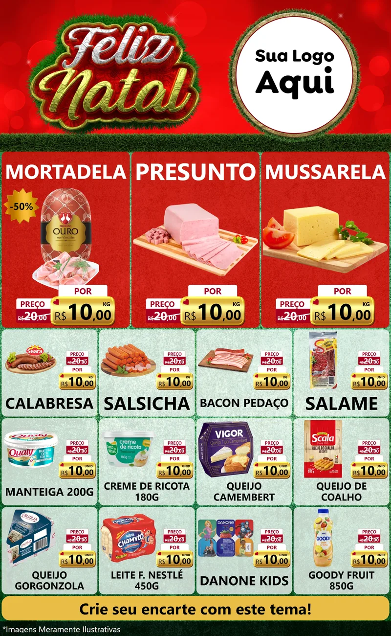 Modelo de Encarte para Encarte Grande com o tema Feliz Natal para Frios e Laticínios