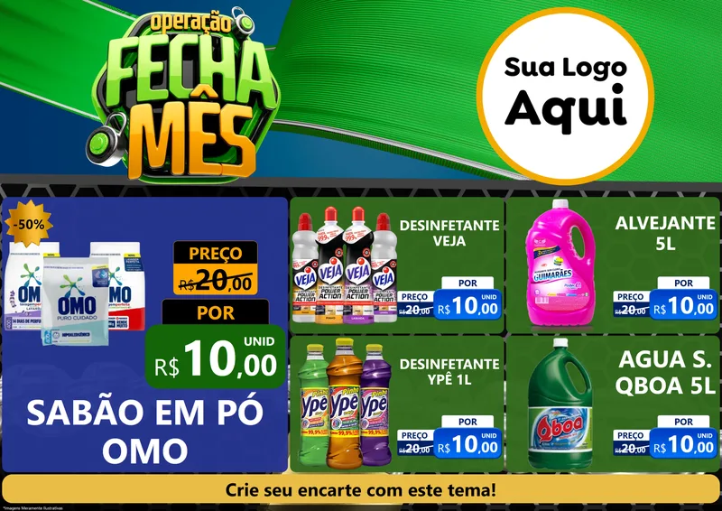 Modelo de Encarte para Encarte A4 Horizontal com o tema Operação Fecha Mês para Produtos de Limpeza